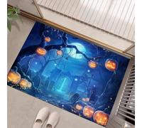 Fantasy Gothique Paillasson Attrape-Poussière, Lanternes Citrouilles Cimetière Arbres Morts Tapis De Sol Antidérapant, 90 X 150 Cm Tapis D'Entrée Pour Chien Entrée Porte Et Couloir - Bleu Foncé