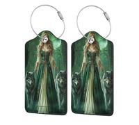 Fantasy Mystical Forest Woman Wolves Lot de 2 étiquettes de bagage en cuir avec rabat d'intimité et boucle en métal pour homme et femme