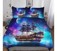 Fantasy Navire Pirate 2 Pièces Parure De Lit Adulte Enfants Housse De Couette avec Taies D'oreillers Housse De Couette Microfibre Douce avec Fermeture Éclair Single (135x200cm)