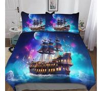 Fantasy Navire Pirate Housse De Couette 3 Pièces Ensemble Microfibre Hypoallergique Douce Parure De Lit en, pour Adultes Et Adolescents, avec Housse Couette Et Taies d'oreiller Double (200x200cm)