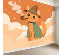 Fantasy Papier Peint Panoramique 200L x 140H cm, Animal Chat Nuages Papier Peint Intissé Mural Art - Orange Poster Photo Fresque Mural Décoratif pour Salle à Manger Salon Chambre Design Moderne