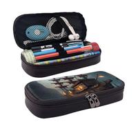Fantasy Pirate Ship Print Leather Flap Cosmetic Case, Cosmetic Bag, Zipper Storage Bag, Leather Flap Stationery Bag, Black, One Size, Noir , Taille unique