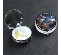 Fantasy Town Pilulier décoratif à 3 compartiments avec miroir pour sac à main ou poche Petit pilulier rond en métal pour médicaments, comprimés et vitamines, cadeau de voyage