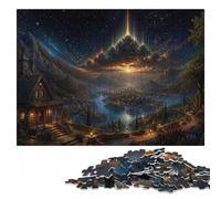 Fantasy Village with Celestial Light Beams Puzzle en Bois, 1000 pièces | Cadeau puzzle: loisir manuel en intérieur pendant une soirée calme.
