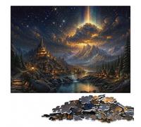 Fantasy Village with Celestial Light Beams Puzzle en Bois, 1000 pièces | Puzzle adulte : idée cadeau pour le Nouvel An, loisir manuel en intérieur.