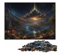 Fantasy Village with Celestial Light Beams Puzzle en Bois, 300 pièces | Puzzle adulte - activité familiale autour de la table en intérieur.
