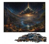 Fantasy Village with Celestial Light Beams Puzzle en Bois, 500 pièces | À la maison : Puzzle pour adultes : cadeau puzzle pour adulte, activité pour une soirée calme.