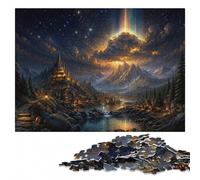 Fantasy Village with Celestial Light Beams Puzzle en Bois, 500 pièces | Puzzle adulte - montage structuré des bords vers les zones du motif en intérieur.