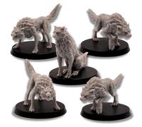 Fantasy Wolves Lot de 5 miniatures pour jeux de rôle de table, modèles d'animaux en échelle de 28 mm, DnD, Pathfinder, Wargames | Miniatures épiques sous licence | Figurines en résine non