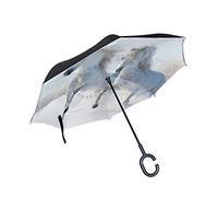 FANTAZIO Parapluie inversé Chevaux Blancs - Double Couche - Protection UV - avec poignée en Forme de C - Pliable/dépliable, Coupe-Vent et imperméable
