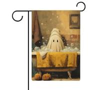 Fantôme blanc dans la grande salle de bain Humour Drapeau de jardin Halloween Vacances saisonnières en toile de jute double face Maison cour Drapeaux extérieurs 30,5 x 45,7 cm