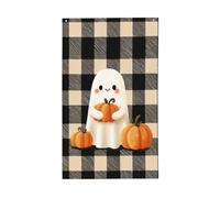 Fantôme blanc de dessin animé tenant des citrouilles, drapeaux de cour, maison, bannière de vœux avec œillets, décoration d'intérieur et d'extérieur