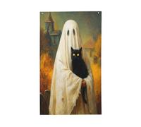 Fantôme blanc tenant un chat noir pour église et cimetière, maison, bannière de vœux avec œillets, décoration d'intérieur ou d'extérieur