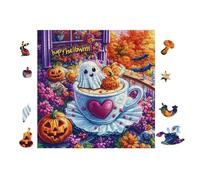 Fantôme dans Une Tasse de thé with Pumpkin 100 Pièces Puzzle Adolescent en Voitureton Rigide Difficulté Moyenne Activité ÉduChative Voyage Déplacement Cadeau Anniversaire Petit Prix 28x28cm