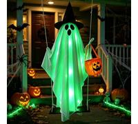 Fantôme décoratif d'Halloween avec seau de citrouille, 1,5 m, fantômes suspendus avec 8 modes d'éclairage et télécommande, décoration d'Halloween fantômes, sac à vent effrayant pour extérieur