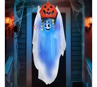 Fantôme d'Halloween activé par le son de 109,2 cm tenant une citrouille, fantôme caché avec lumière bleue et son effrayant pour décorations d'Halloween en plein air, cour, porche, maison hantée