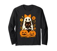 Fantôme d'halloween Mignon Tenant Un Chat Noir Automne Groovy Floral Manche Longue