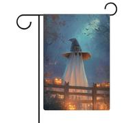 Fantôme d'Halloween perché derrière une clôture en bois, drapeau de jardin, vacances saisonnières, toile de jute double face, drapeaux d'extérieur pour maison, cour, 30,5 x 45,7 cm