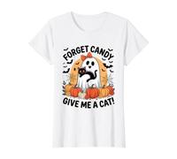 Fantôme d'halloween Tenant Un Chat Noir oublie Bonbons Give Me A Cat T-Shirt Graphique avec Valeur, Femme, Blanc, M