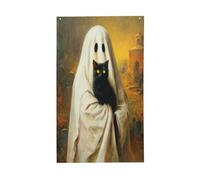 Fantôme d'Halloween tenant un chat noir pour église, cour, maison, drapeaux, bannière de vœux avec œillets, décoration d'intérieur et d'extérieur
