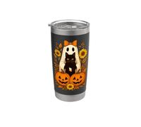 Fantôme d'Halloween vintage tenant chat noir automne floral Gobelet isotherme en acier inoxydable double paroi
