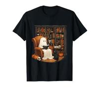 Fantôme Douillet lisant avec Chat Noir Halloween Bibliothèque effrayante T-Shirt