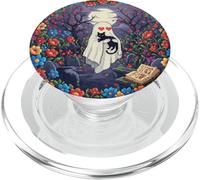 Fantôme drôle avec cœur Yeux câlin Chat Noir dans Fleur Pixel PopSockets PopGrip pour MagSafe