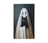 Fantôme fantaisiste dans une feuille blanche tenant des drapeaux de maison de chat, bannière de vœux de saison avec œillets, décoration d'intérieur et d'extérieur