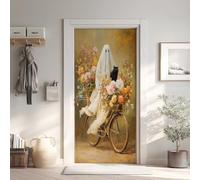 Fantôme Halloween Effet 3D Sticker Porte, Fleur Chat Papier Autocollant Porte Mural Décoration, Vélo Fleur Stickers Muraux Amovible PVC 95x215 cm