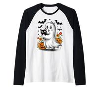 Fantôme Kawaii avec Chat et Citrouille Halloween Manche Raglan