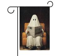 Fantôme lisant le journal dans un fauteuil, drapeau de jardin, vacances saisonnières, toile de jute double face, drapeaux extérieurs de maison, cour, 30,5 x 45,7 cm