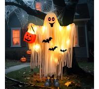 Fantôme lumineux debout de 1,2 m avec seau en citrouille, décorations d'Halloween d'extérieur avec yeux rouges et filet blanc, accessoires d'Halloween effrayants pour cour, fête, maison hantée et