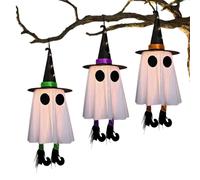 Fantôme lumineux d'Halloween - 7,87 x 7,87 x 0,79 pouces - Ornement d'horreur lumineux suspendu - Figurine spectrale lumineuse - Fonctionne avec piles - Avec des accents de chapeau de sorcière