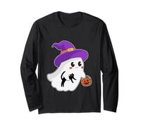 Fantôme Mignon d'halloween Tenant Un Chat Noir et Une Citrouille Manche Longue