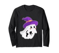 Fantôme Mignon d'halloween Tenant Un Chat Noir Manche Longue