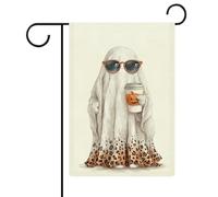 Fantôme mignon portant des lunettes de soleil tenant une tasse à café, drapeau de jardin, vacances saisonnières, toile de jute double face, drapeaux extérieurs de maison, cour, 30,5 x 45,7 cm