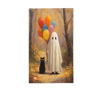 Fantôme mignon tenant des ballons colorés - Drapeaux de la forêt et de la maison - Bannière de vœux avec œillets - Décoration d'intérieur ou d'extérieur