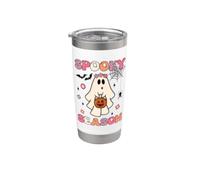 Fantôme mignon tenant une citrouille Halloween Groovy Spooky Saison Gobelet isotherme en acier inoxydable double paroi