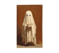 Fantôme mignon tenant une tasse de café, drapeaux de cour, maison, bannière de vœux avec œillets, décoration d'intérieur et d'extérieur