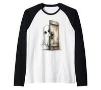 Fantôme timide Qui Jette Un Coup d'œil à la Porte Rustique Effrayant et Mignon Esprit Manche Raglan