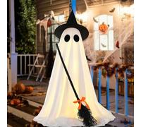Fantômes effrayants éclairés avec des Chapeaux de sorcière, décorations d'halloween Ghost Debout extérieur avec Balai de sorcière | Décor Effrayant rougeoyant pour la Cour de l'arrière-Cour