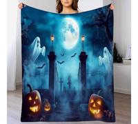 Fantômes, Pierres tombales, citrouilles Halloween en Flanelle Douce Légères Couvertures Toutes Saisons Jete de Canape pour Voyager, Lit ou Canapé (130 x 150cm,Automne) Bleu Clair