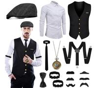 Fantspati Costume Gatsby des Années 1920 pour Homme, Accessoire des Années 20 Costume de Carnaval de Mafia pour Homme, Kit de Costume de Gangster Rétro Avec Chemise Gilet Chapeau Manches XL