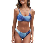 Fanuerg Bikini côtelé pour femme - Maillot de bain deux pièces texturé à encolure dégagée, Teinture bleue., Taille XS
