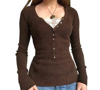 Fanvereka Femmes Dentelle Couture Col V Fée Crop Tops Y2K Manches Longues Chemise Serrée Printemps Automne Downtown Girl Coquette Vêtements, Brun C, Medium