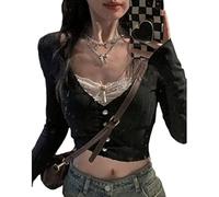 Fanvereka Femmes Dentelle Couture Col V Fée Crop Tops Y2K Manches Longues Chemise Serrée Printemps Automne Downtown Girl Coquette Vêtements, A-noir, Taille S