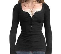 Fanvereka Femmes Dentelle Couture Col V Fée Crop Tops Y2K Manches Longues Chemise Serrée Printemps Automne Downtown Girl Coquette Vêtements, B-Noir, Taille M