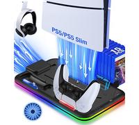 Fanxieast Améliorez le support PS5/fin et la station de refroidissement avec double contrôleur de charge, ventilateur de refroidissement PS5 réglable à 3 niveaux, support pour casque, 15 emplacements