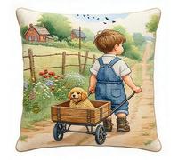 FanZheZhe Coussin à Broder Artisanal Garçon et chien 11ct45x45cm Coussin de Broderie Décoration Point de Croix Pré-imprimé DIY pour Adulte la Chambre