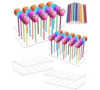 FAOKZE 4 Pièces Acrylic Cake Pop Stand avec 100 Pcs couleur Cake Pop Sticks, Support de Sucette, 20 Trous Support pour Sucettes Transparentes, Support Pop Cake (colorful2, 22.50 × 17.00 × 5.00 cm)